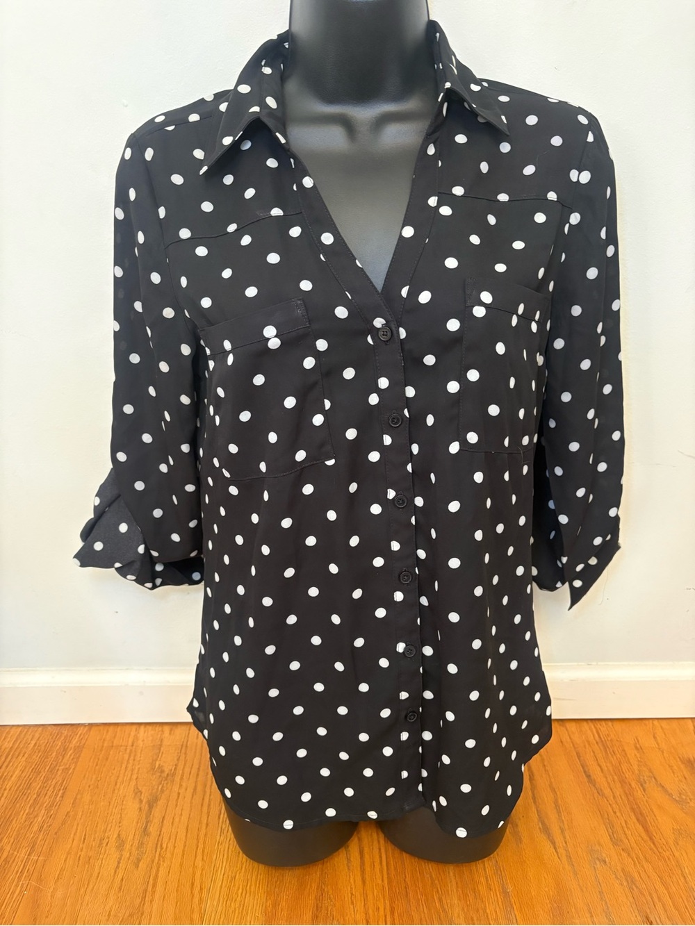 Express portofino black polka dot blouse size small